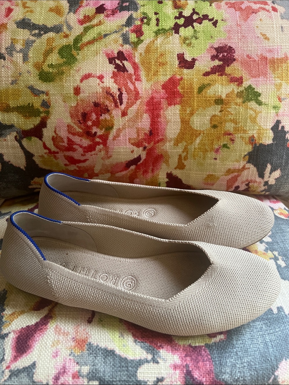 Rothy's Nude Round Toe Flats with Blue Trim